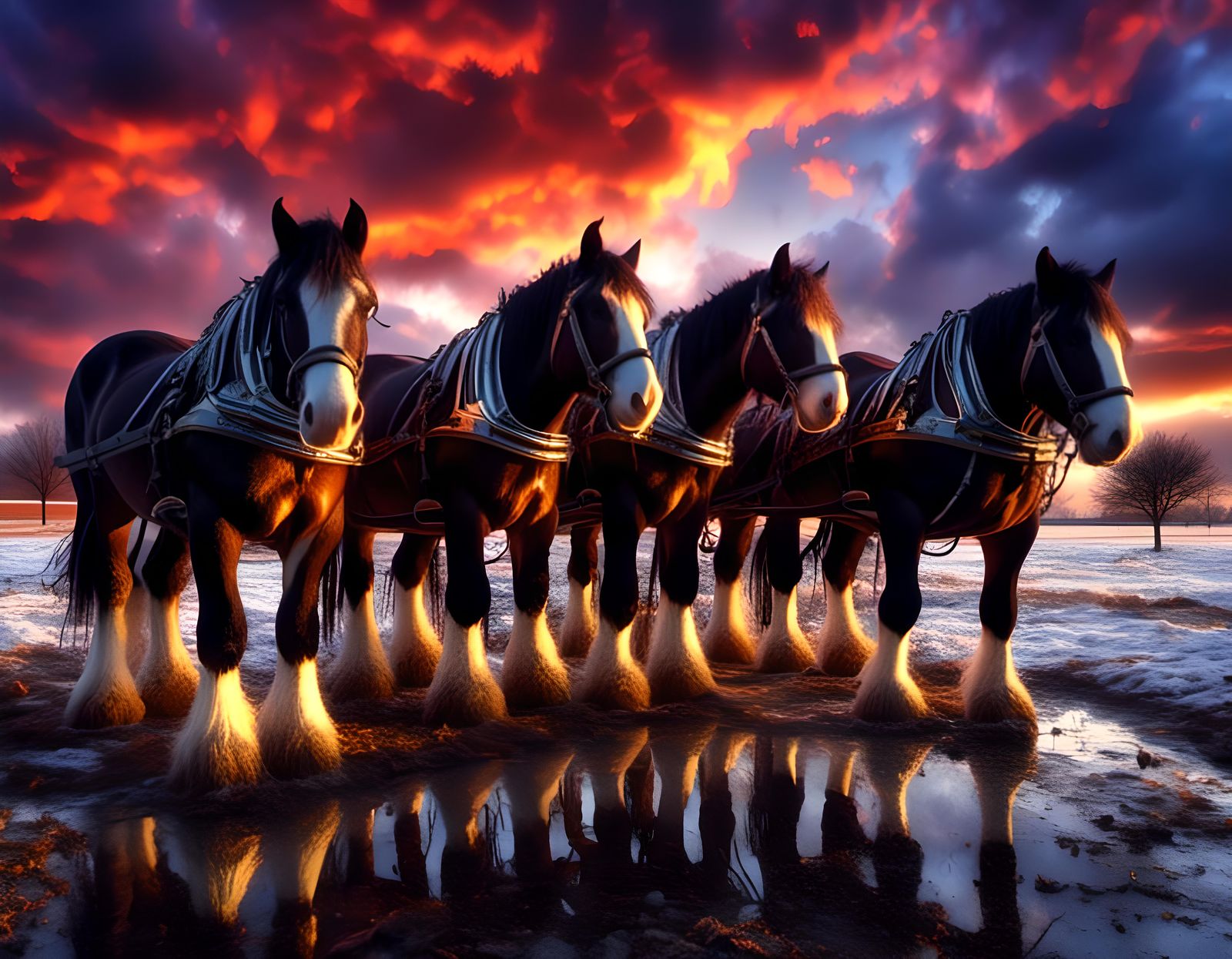 Hyperrealistic Clydesdales in Atmospheric Winter Scene
