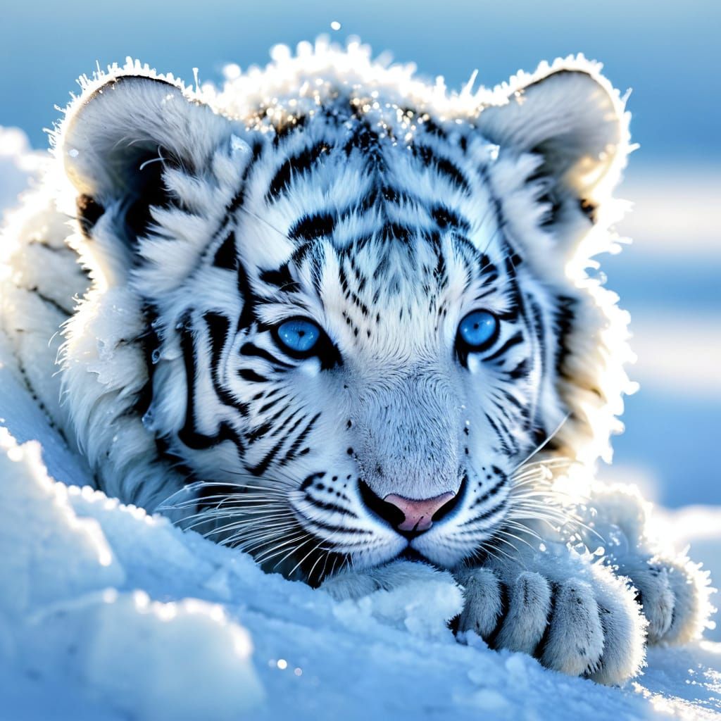 Hyper-Realistic Close-Up of a Majestic White Tiger Cub in Ic...