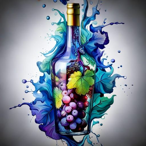 Hyperreal Wine Bottle with Grapes in Splash Art
