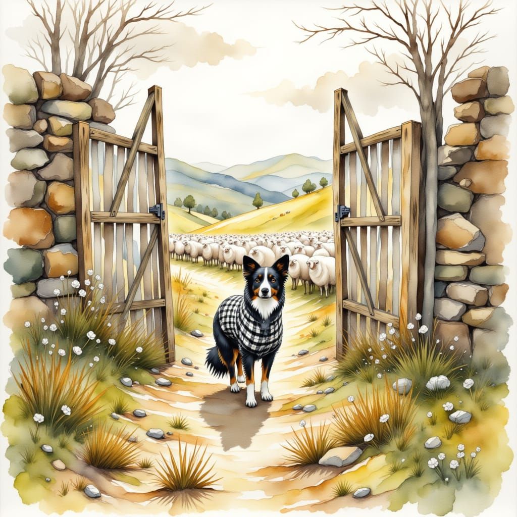 Border Collie Herding Sheep in Watercolour Style