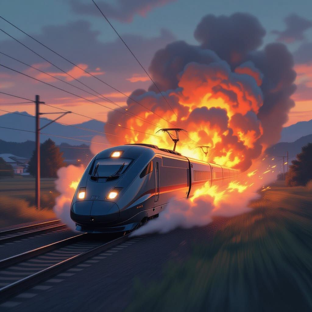 Japanese Bullet Train E5 Exploding: Sci-Fi Art Style