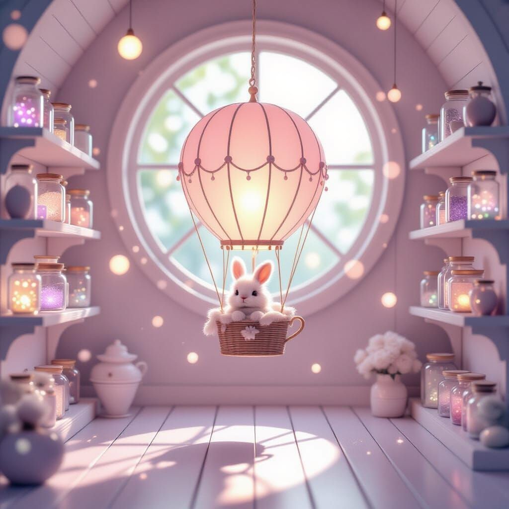 Magical Pastel Room with Floating Orbs and Bunny Balloon