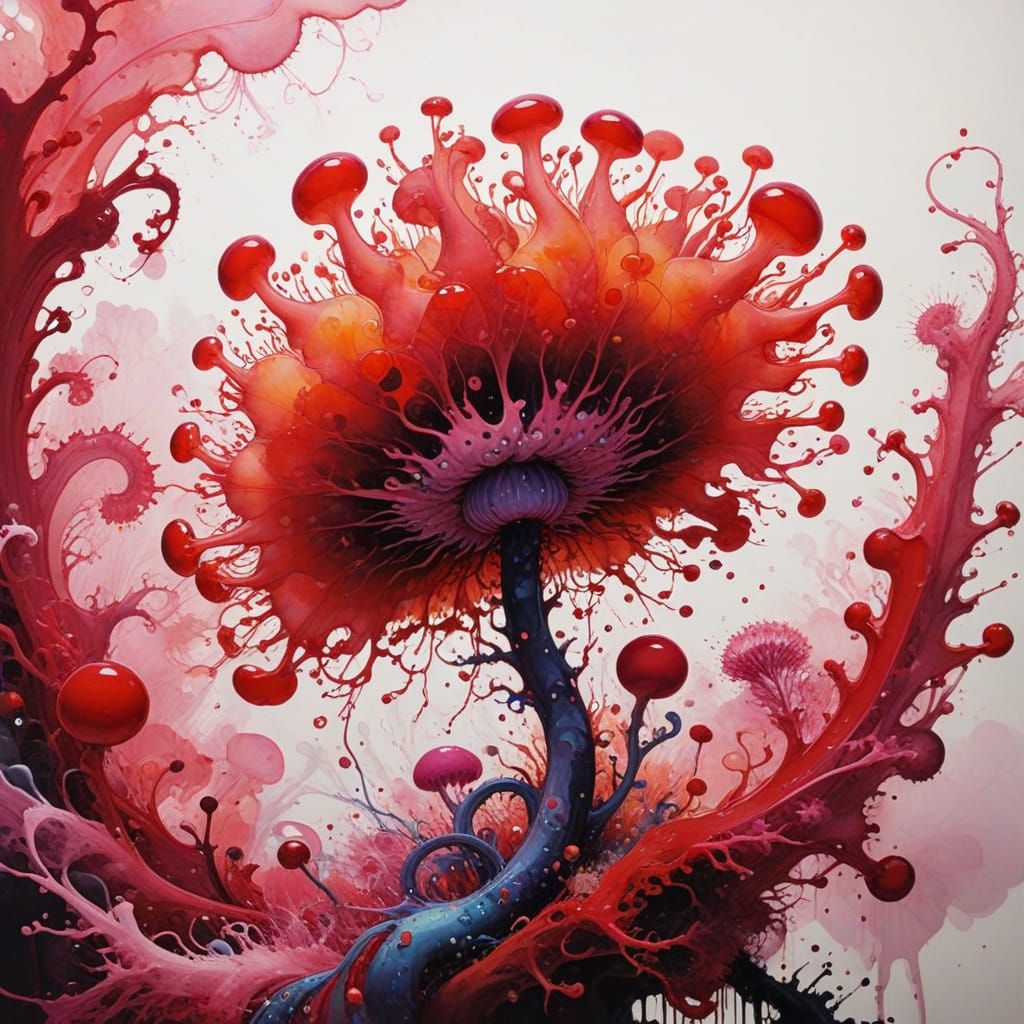 Red Amoeba in Chinese Ink Wash Style