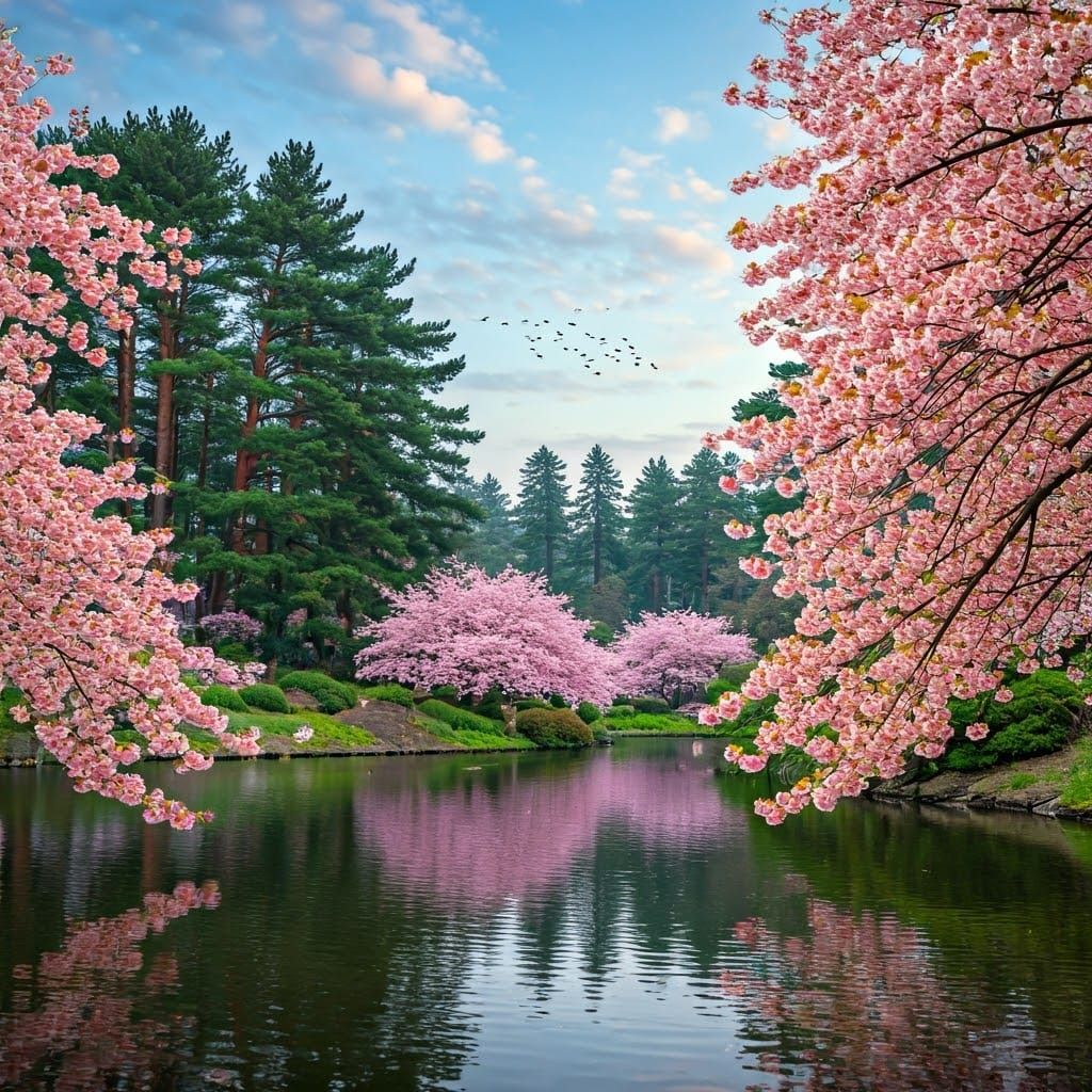 Tranquil Cherry Garden Pond at Twilight