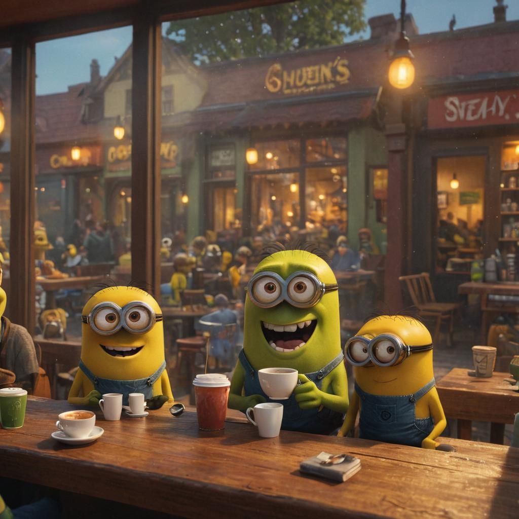 Shrek's Coffee Break with Minions: Digital Art