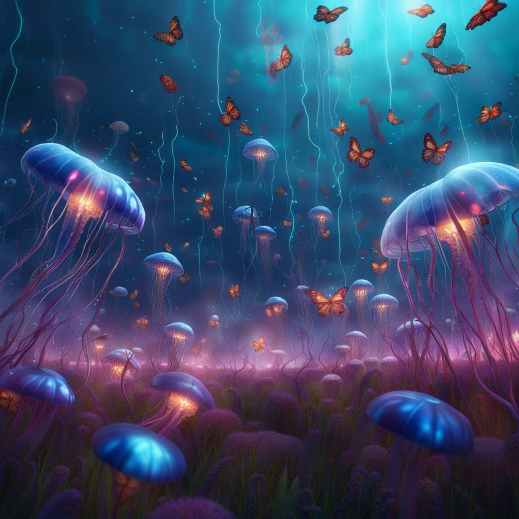 Jellyfish Storm in Butterfly Field: Fantasy Art