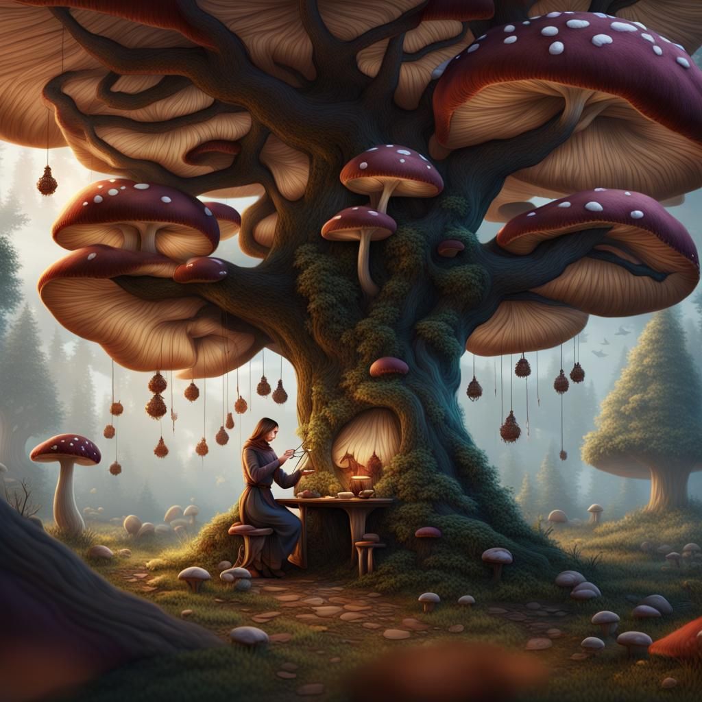 Woman Knitting Under Mushroom Tree: Fantasy Concept Art