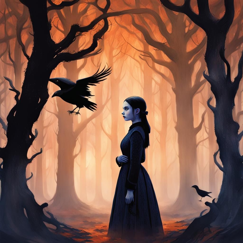 Wednesday Addams in Eerie Forest: Dark Fantasy Art