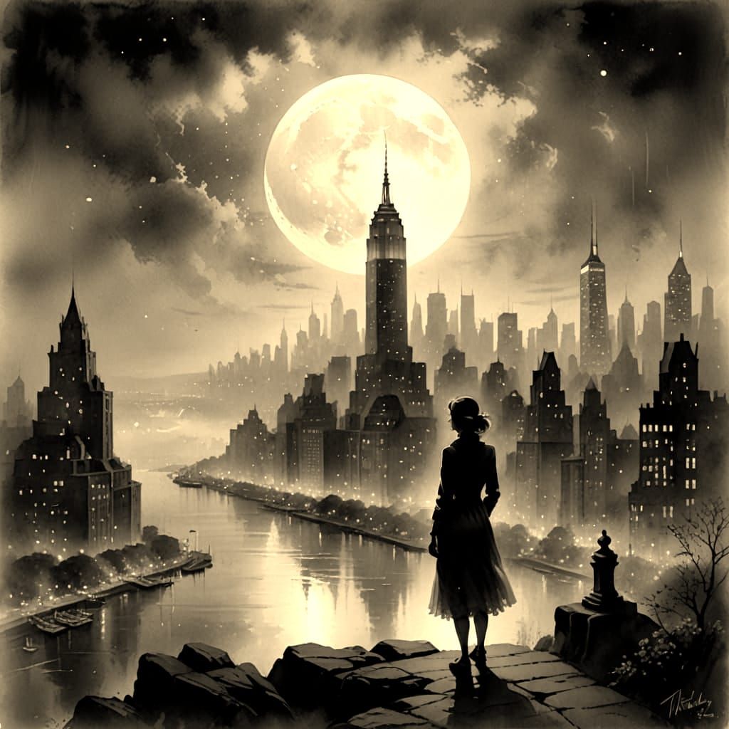 Mystical Moonlit Silhouette over New York in Watercolor