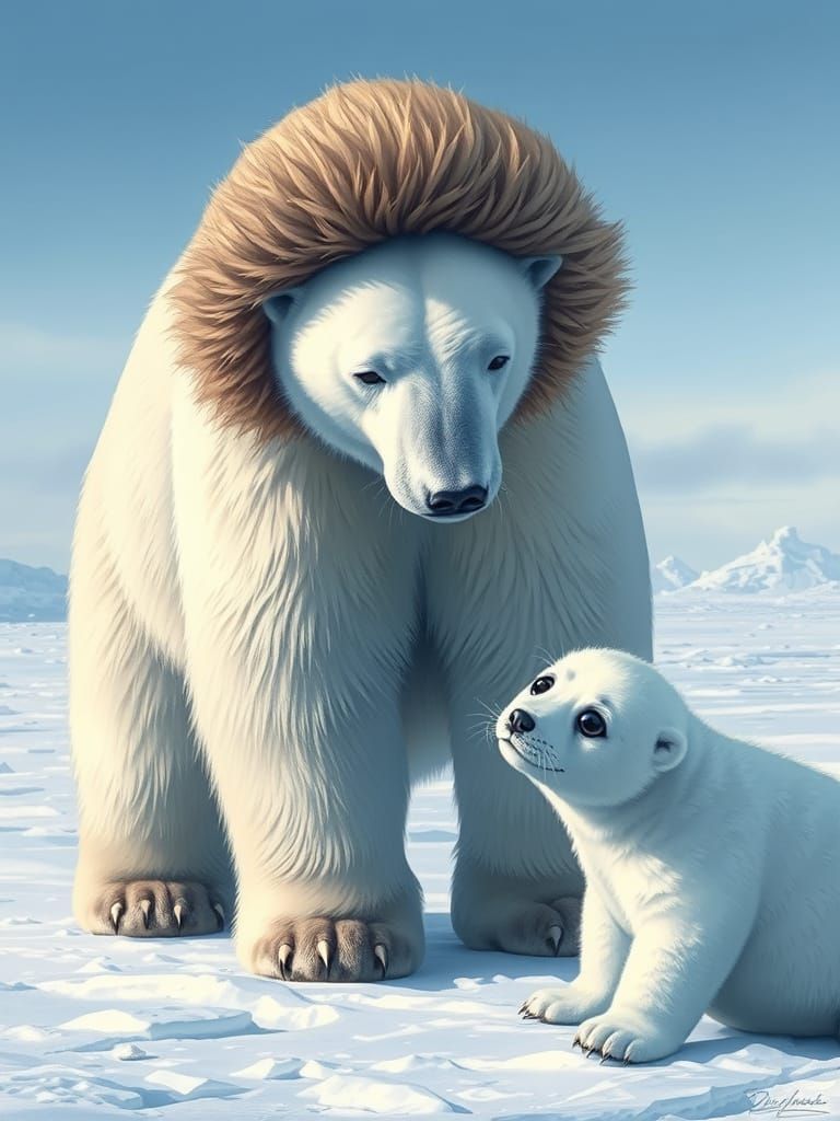 Polar Bear Faces Seal Pup in Serene Arctic Landscape