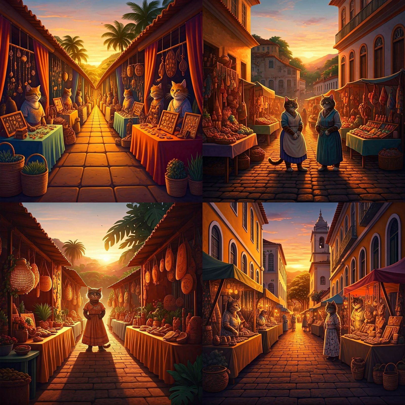 Vibrant Brazilian Street Market in Whimsical Feline Style