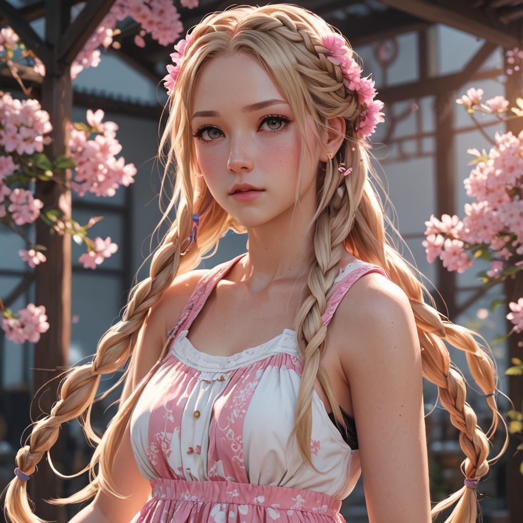 Anime Girl with Braided Hair in Summer Dress
