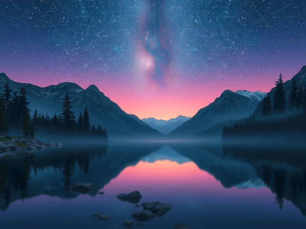 Ethereal Mountain Lake Reflecting Starry Night Sky in Dreamy...