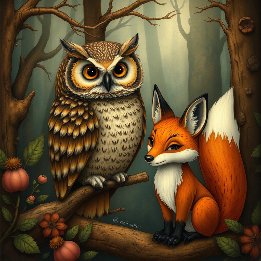 Enchanting Forest Scene: Owl and Fox in Miyazaki Style