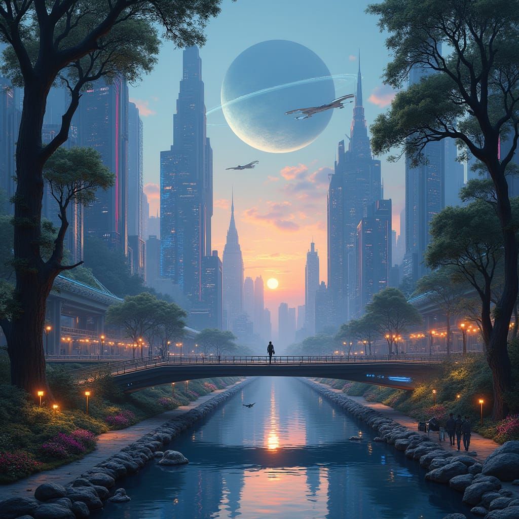 Ethereal Sci-Fi Cityscape at Dusk with Futuristic Architectu...
