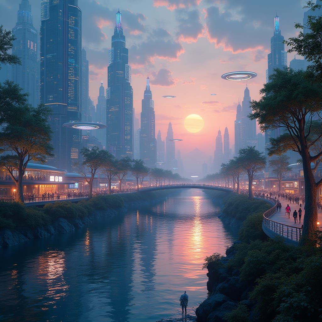 Cyberpunk Cityscape at Dusk: Futuristic Architecture Meets N...