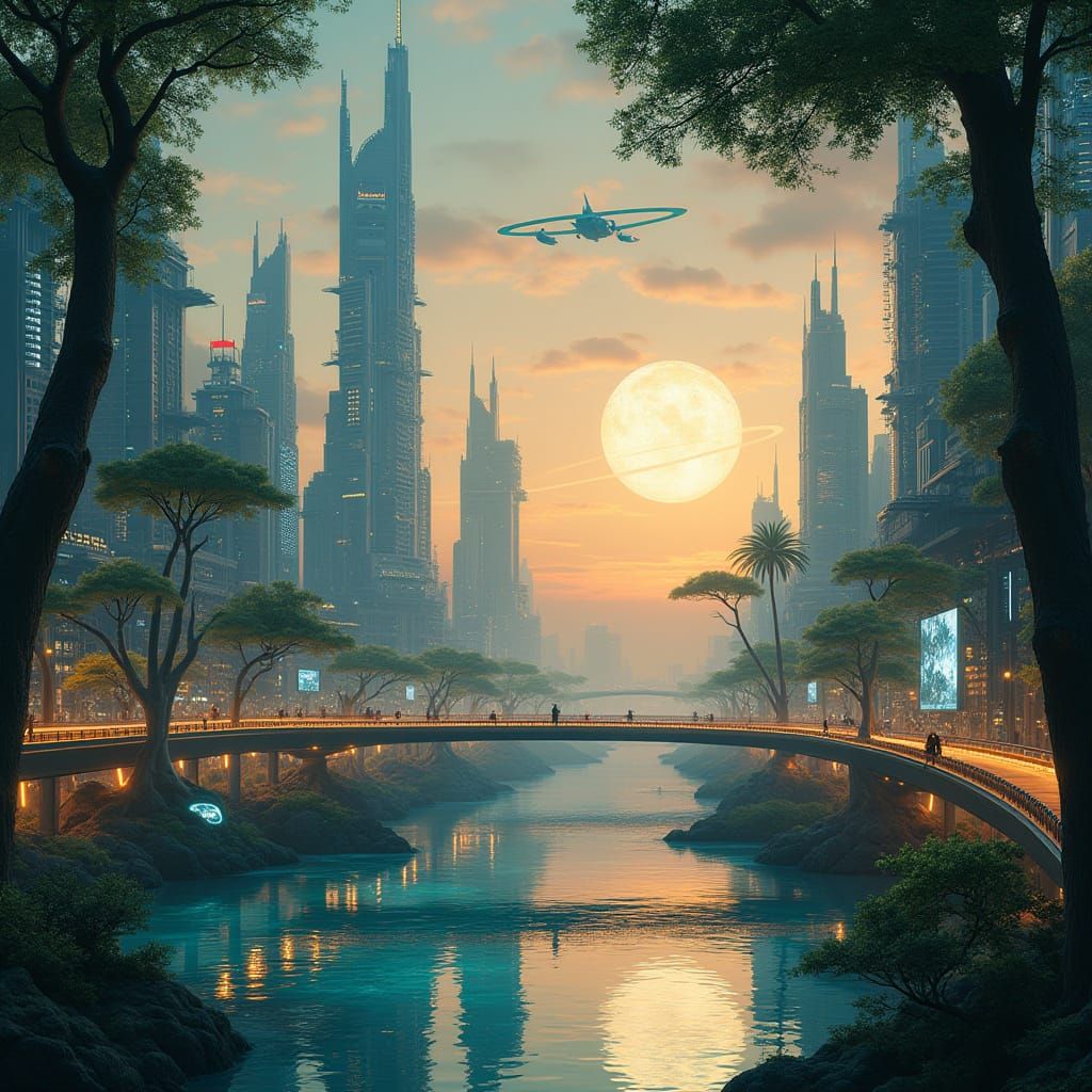 Cyberpunk Cityscape at Dusk with Futuristic Architecture and...