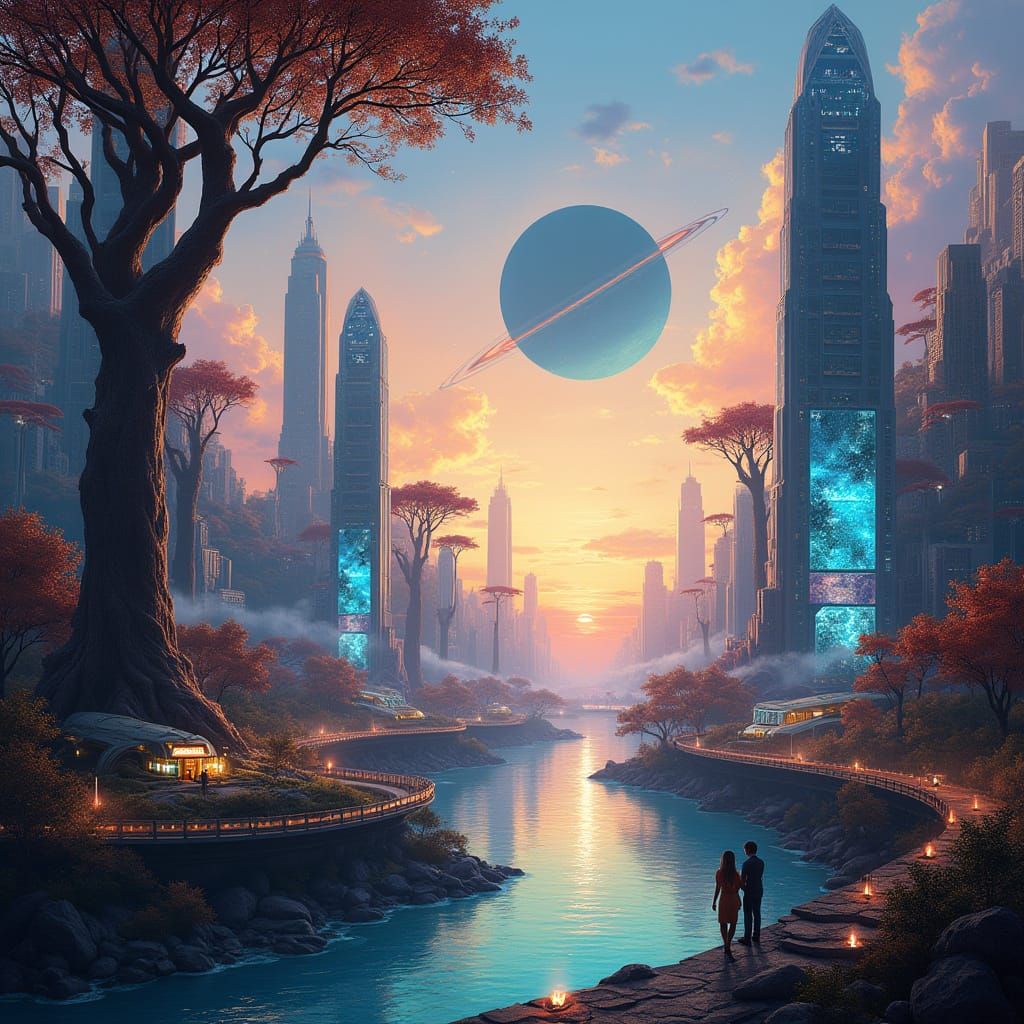 Futuristic Cityscape at Dusk with Neon Lights and Biolumines...