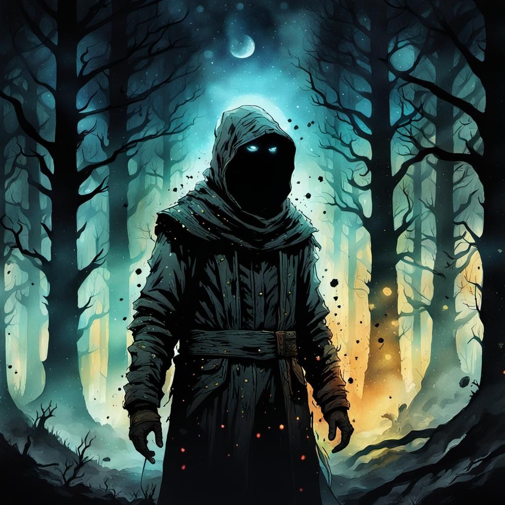 Eerie Hooded Figure in Dark Forest, Watercolor Art