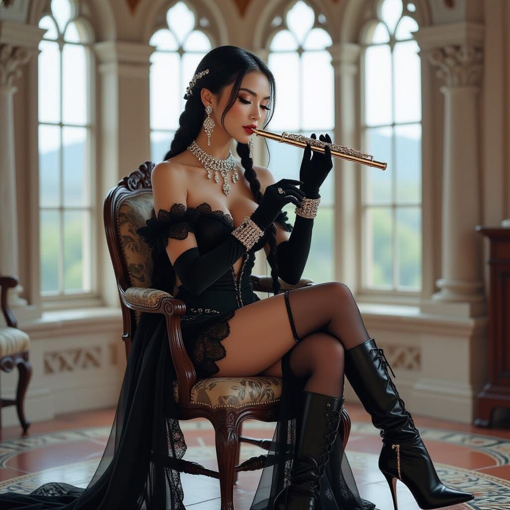 Elegant Woman in Castle Tower, Art Nouveau Style