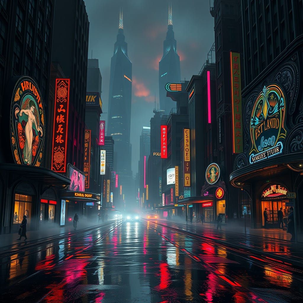 Futuristic Cityscape Fusion of Art Nouveau and Cyberpunk