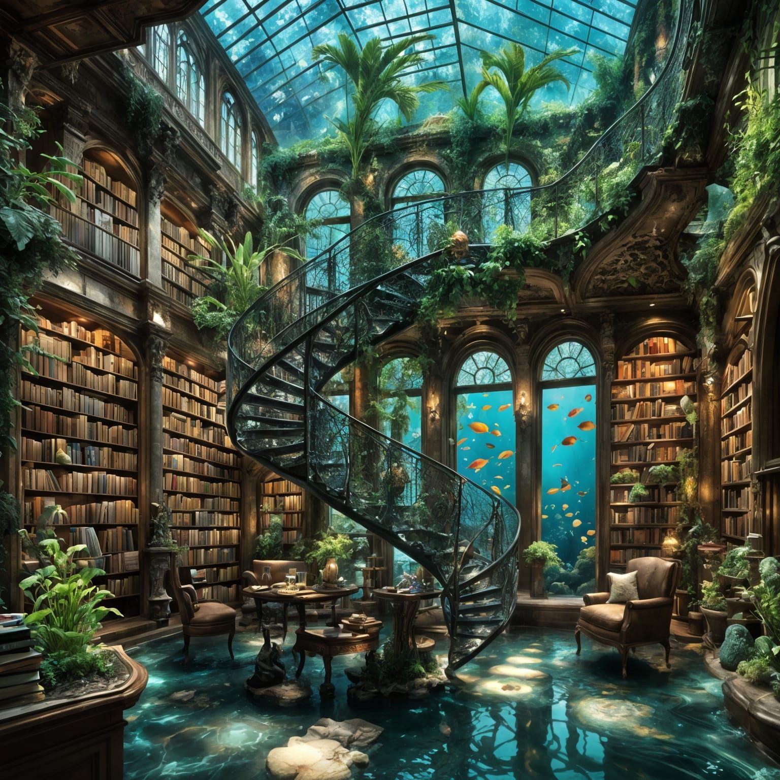 Underwater Bookshop: A Lush Submerged Paradise