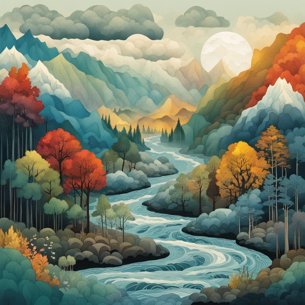 Intricate Paper Cut Cycle of Water and Mountains