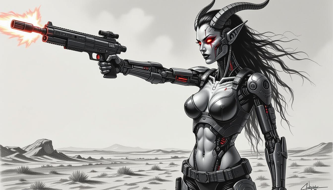 Cybernetic Demon with Plasma Arm in Charcoal Style