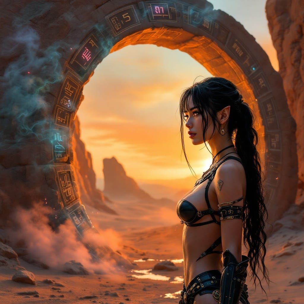 Asian Elf in Futuristic Desert Landscape with Ancient Runes