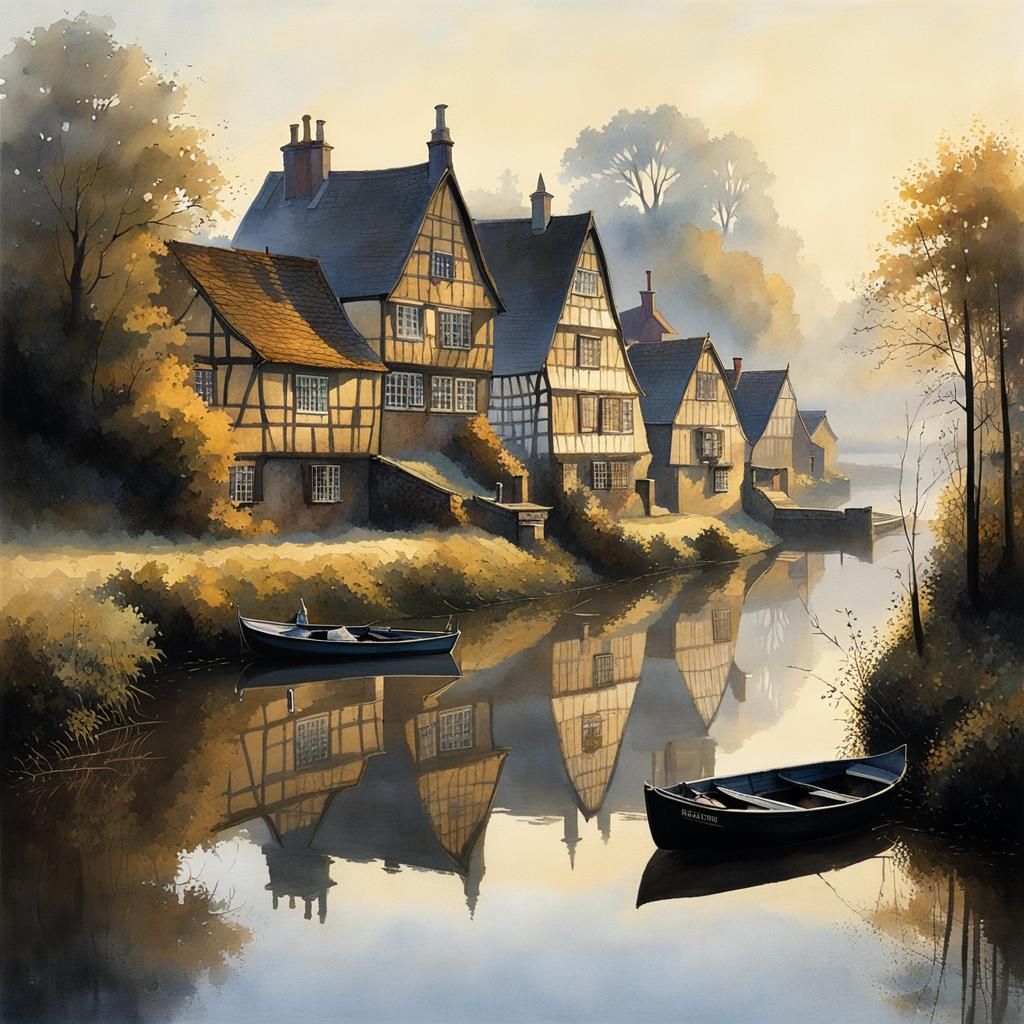 Half-Timbered Houses on Misty Lake: Watercolor Style