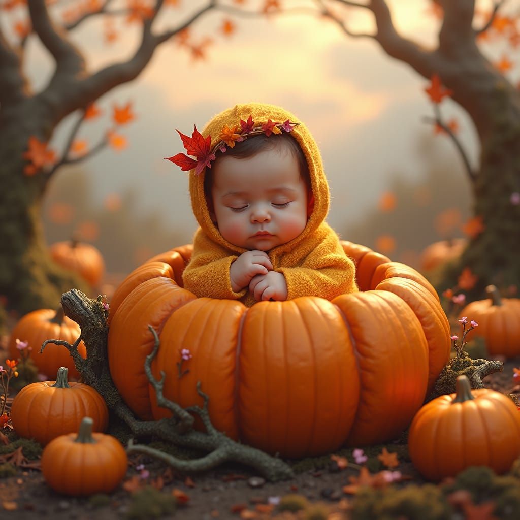 Baby in Pumpkin Patch: Whimsical Autumn Illustration