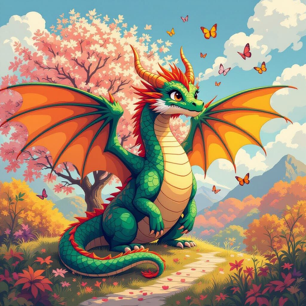 Rainbow Dragon in Autumn Landscape, Vibrant Digital Art