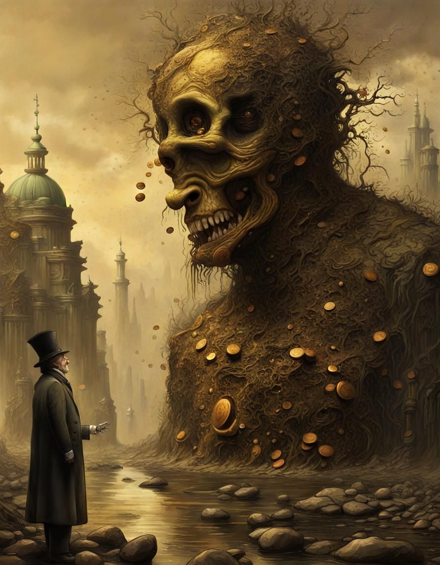 Horrific Man Sprouting Gold Coins in Horrorcore Style