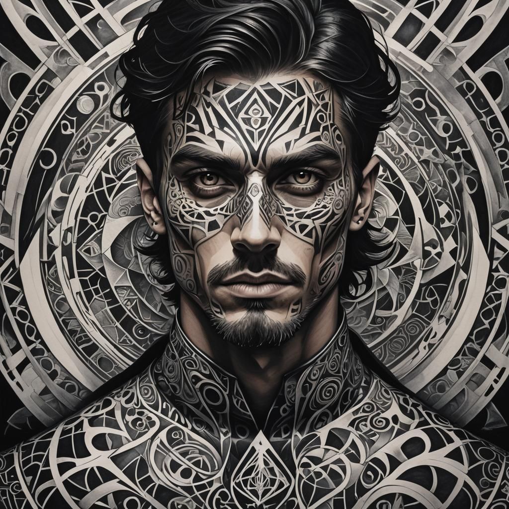 Geometric Tattoo Design of Soulful Cyberpunk Man