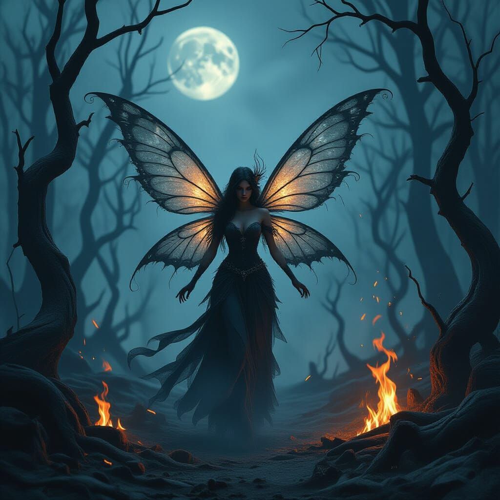 Smoke Fairy Emerges from Charred Forest in Dark Fantasy Styl...