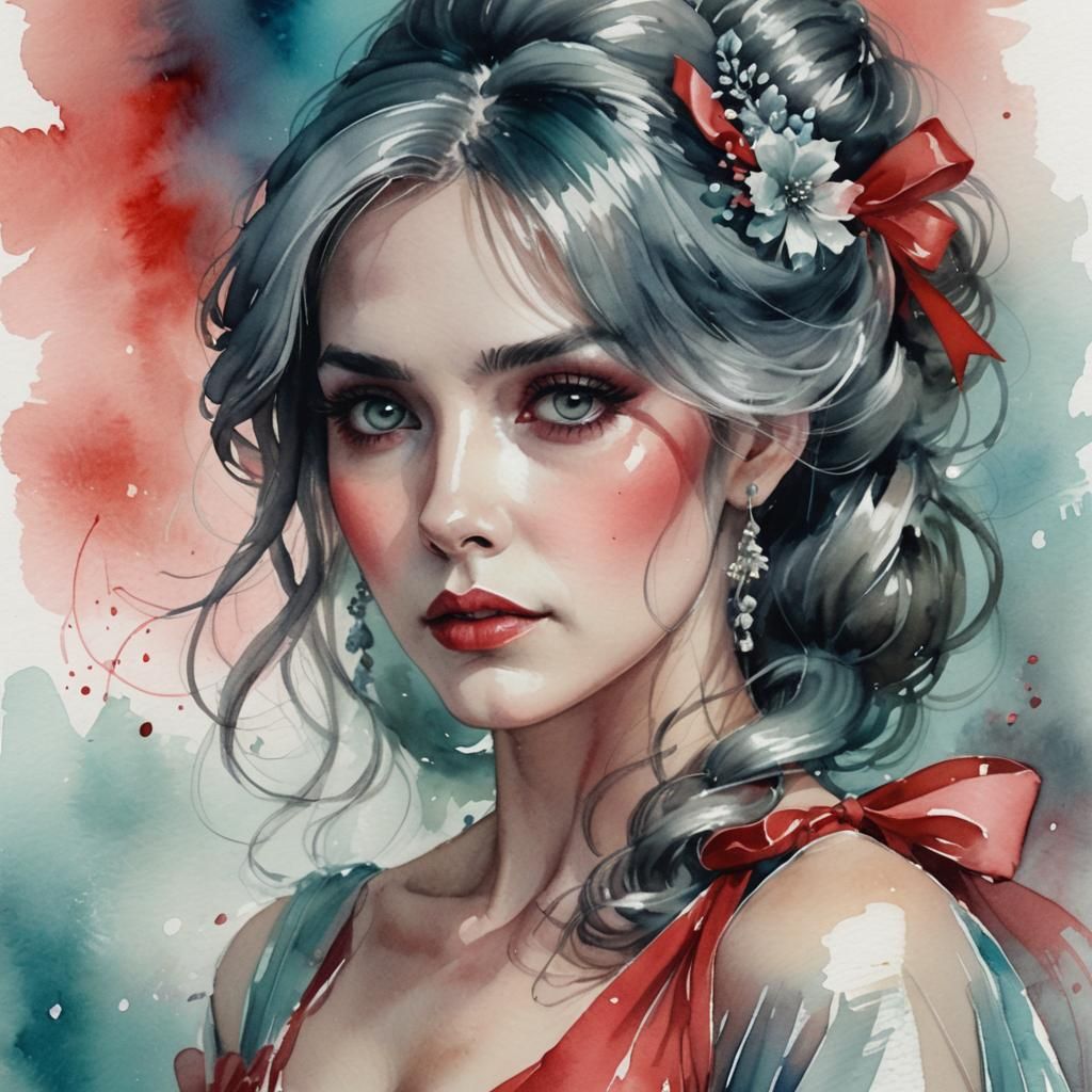 Art Nouveau Woman with Grey Hair and Red Dress