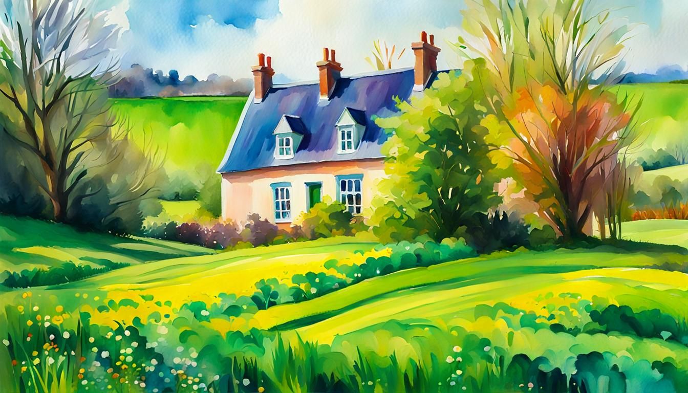 Irish Country House in Impressionist Gouache Style