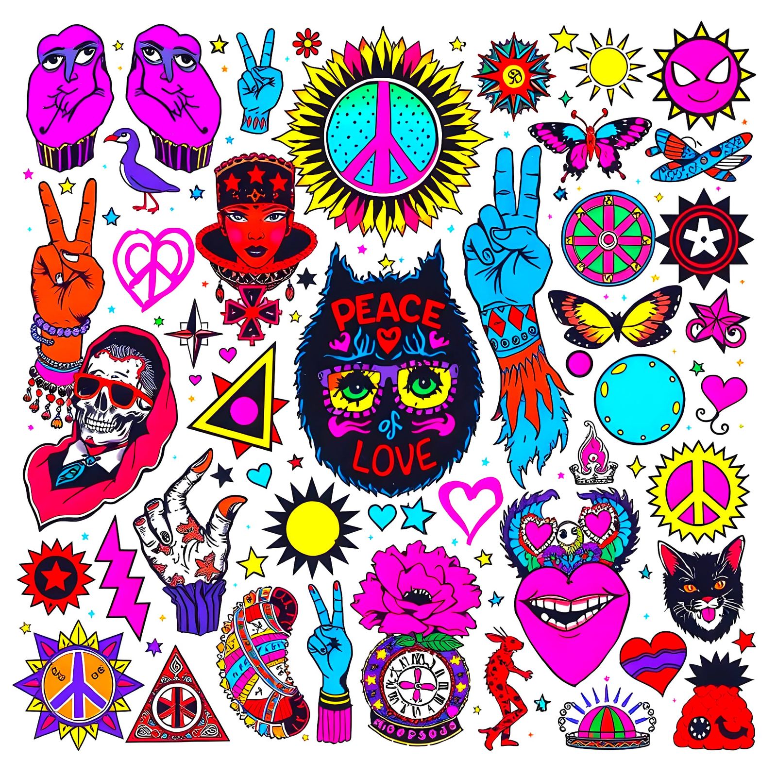 Psychedelic 1960s Tattoo Flash Sheet in Gouache Style