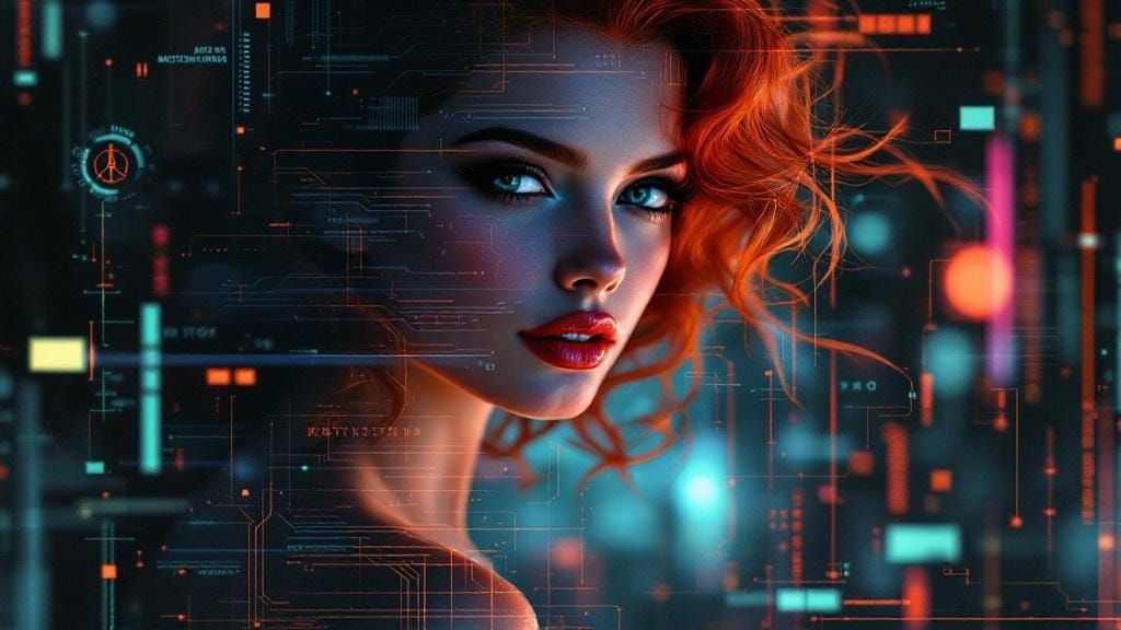 Fire-Red Haired Digital Avatar in Glitch Art Style