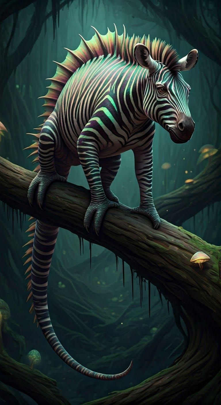 Demonic Zebra-Chameleon Hybrid in Shadowy Jungle