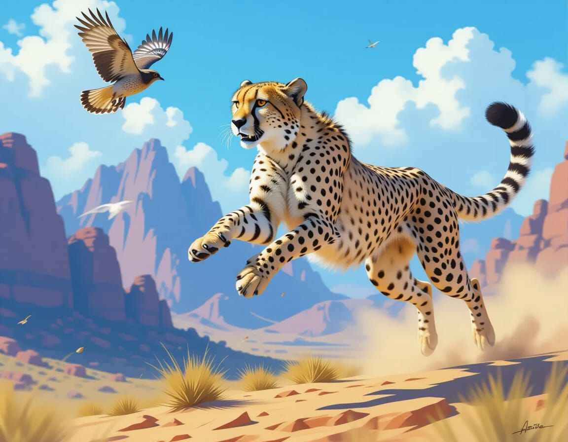 Cheetah Leaping for Bird in Snowy Mountains
