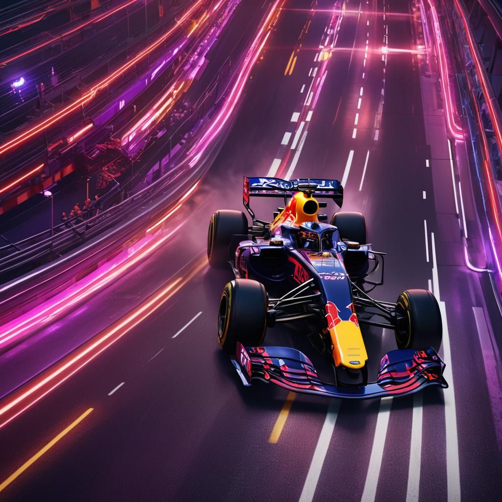 Futuristic Red Bull F1 Car on Neon Track