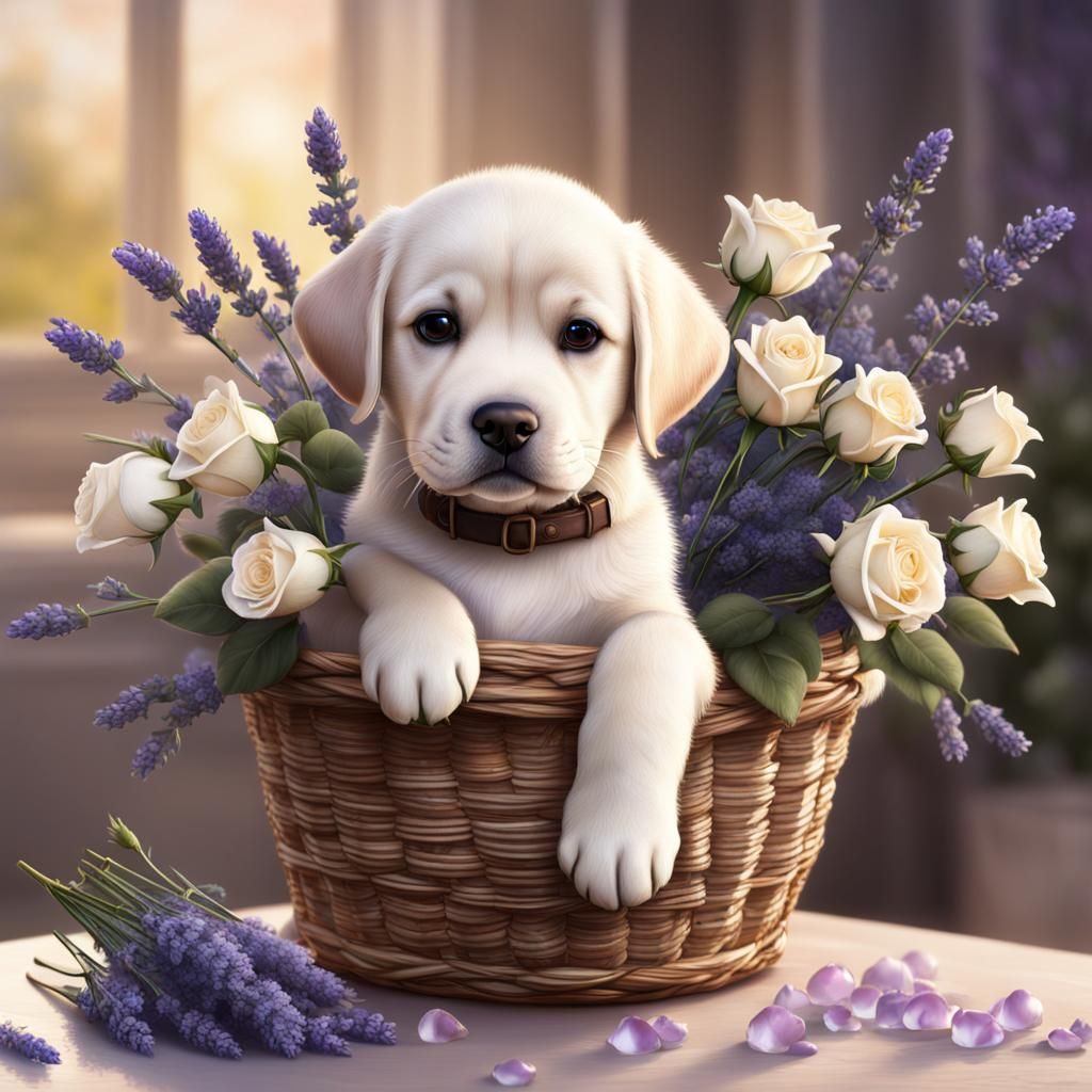 Labrador Puppy Among Roses: An Oil Painting