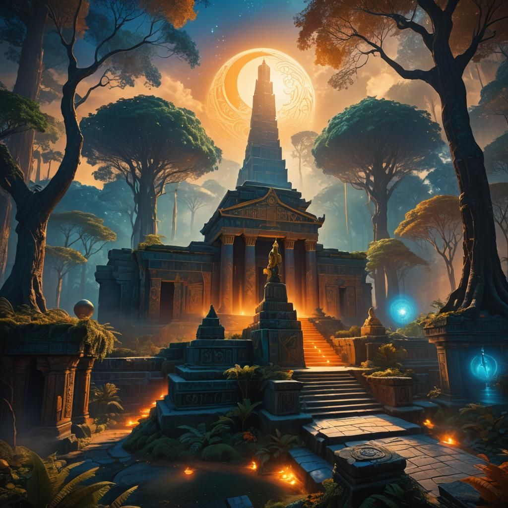 Mystical Temples in Glowing Forest Concept Art