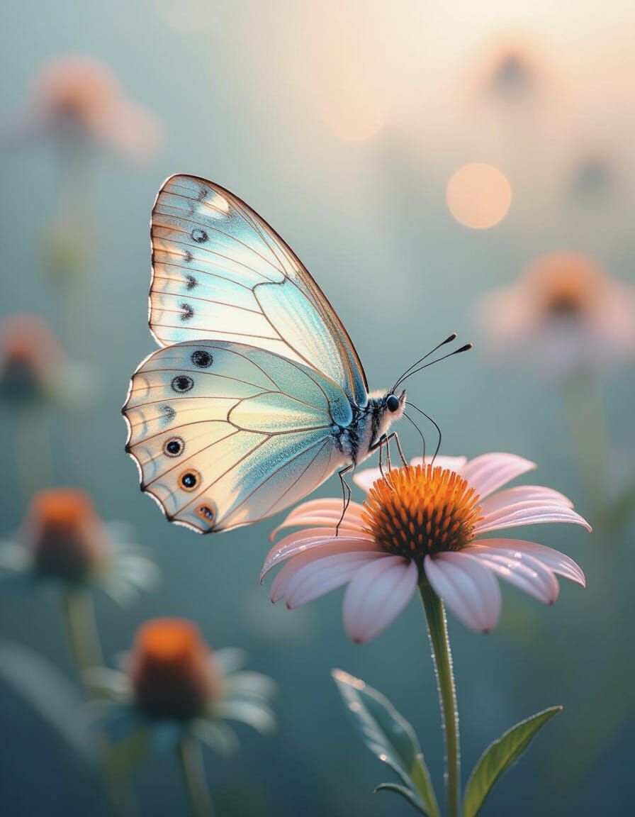 Iridescent Butterfly on Wildflower in Surreal Pastel Art