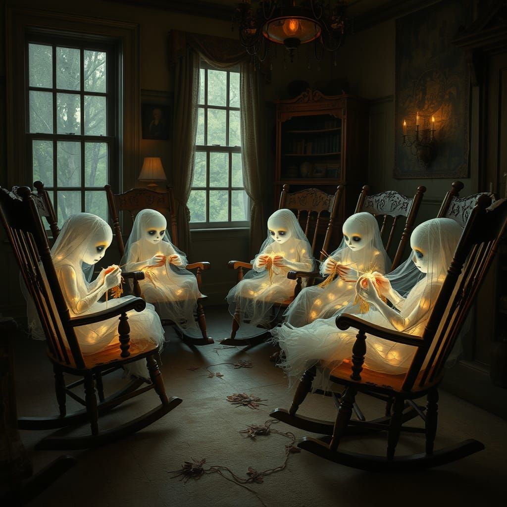 Ethereal Ghosts Crocheting in Dimly Lit Vintage Room