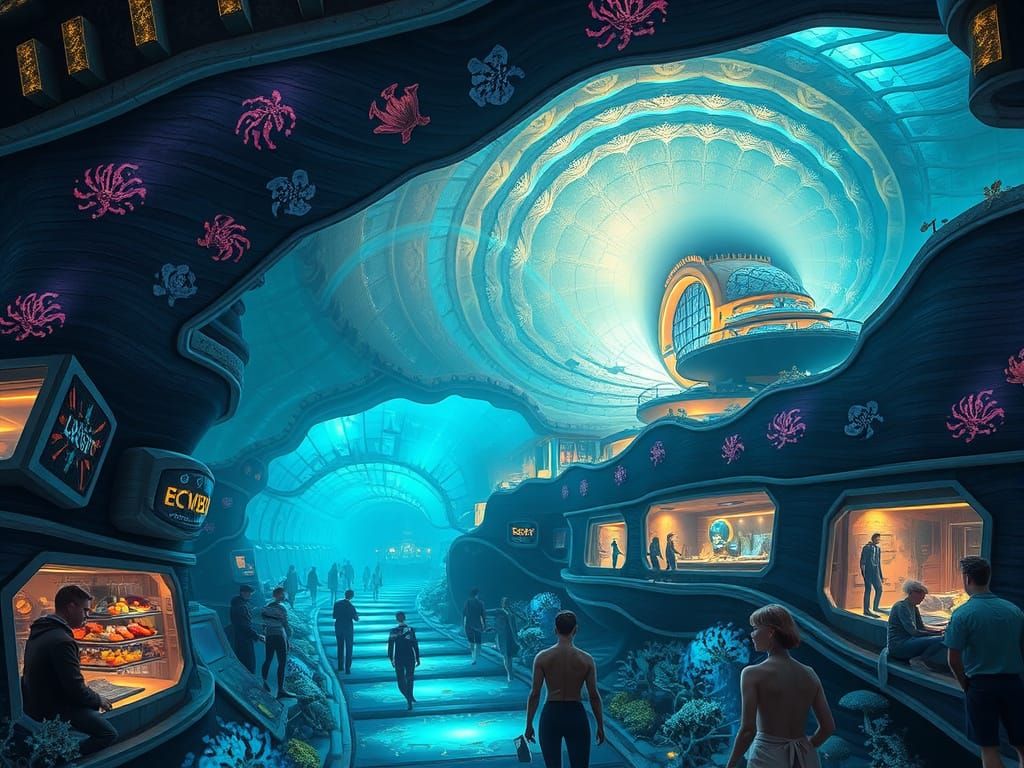 Bustling Underwater City in Bioluminescent Oil Painting Styl...