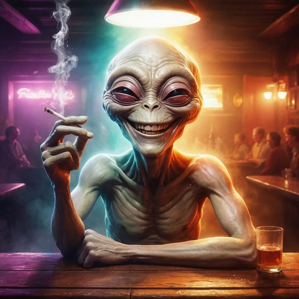 Cheerful Alien at the Bar in Detailed Matte Painting