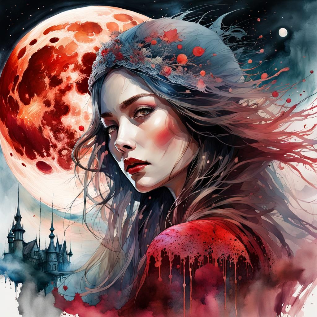 Blood Moon Witch in Digital Watercolor Style