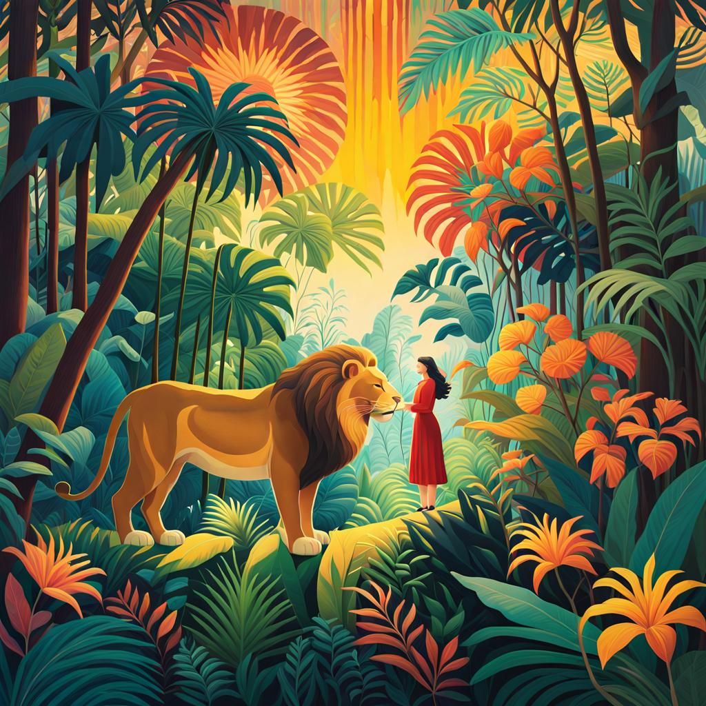 Woman and Lion in Jungle Concept Art